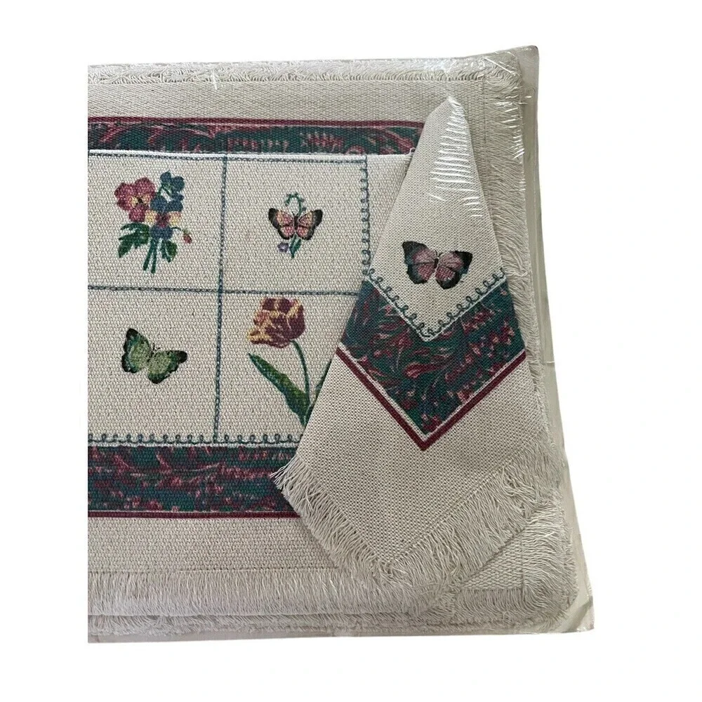 Vintage Stevens Linen Placemats Napkins Cup Towel Original Packaging Butterflies